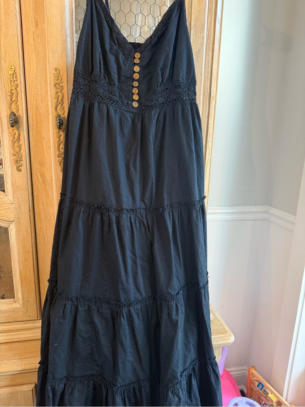 Vintage Cotton Black Tiered Maxi Dress with Lace Trim and Buttons Ptp 19/20